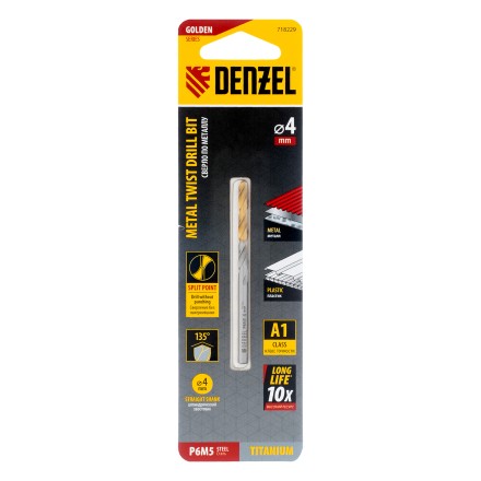 Сверло спиральное по металлу Denzel 4 x 75 мм, Р6М5, Golden Tip, 718229 купить в Уфе