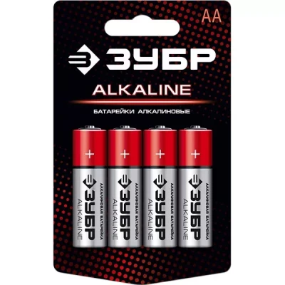 Батарейка "ЗУБР" "ALCALINE" щелочная (алкалиновая), "AA", 1,5В, 4шт 59223-4C
