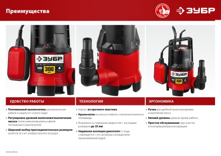 ЗУБР 300 Вт, дренажный насос для грязной воды (НПГ-М1-300) купить в Уфе