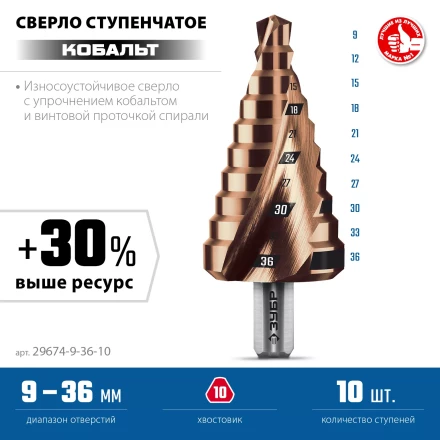 ЗУБР КОБАЛЬТ 9-36мм, 10 ступеней, винтовая проточка, сверло ступенчатое, ПРОФЕССИОНАЛ (29674-9-36-10) купить в Уфе