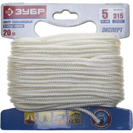 Шнур ЗУБР полиамидный, плетеный, повышенной нагрузки, с сердечником, белый, d 5, 20м 50310-05-020 купить в Уфе