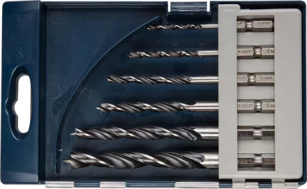 ЗУБР &quot;ЭКСПЕРТ&quot;. Набор сверл по дереву, М-образная заточка, шестигранный хвостовик 1/4&quot;, 6шт, 3-4-5-6-8-10 мм 29423-H6 купить в Уфе