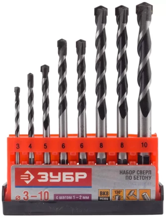 Набор ЗУБР Свёрла &quot;СУПЕР-6&quot; по бетону, ударные, с шестигранным хвостовиком, 3; 4; 5; 6; 6; 8; 8; 10мм, 8шт 2916-H8_z01 купить в Уфе
