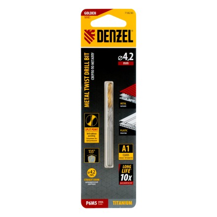Сверло спиральное по металлу Denzel 4,2 x 75 мм, Р6М5, Golden Tip, 718230 купить в Уфе