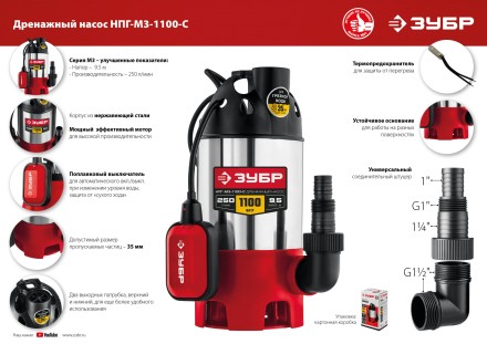 ЗУБР 1100 Вт, дренажный насос для грязной воды, корпус - нерж. сталь (НПГ-М3-1100-С) купить в Уфе