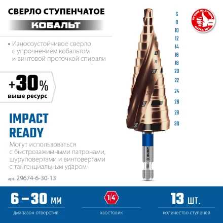 ЗУБР КОБАЛЬТ 6-30мм, 13 ступеней, винтовая проточка, сверло ступенчатое, ПРОФЕССИОНАЛ (29674-6-30-13) купить в Уфе