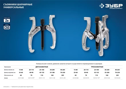 ЗУБР внешний d 30 - 200 мм, внутренний d 35 - 200 мм, шарнирный трехзахватный съемник, Профессионал (43318-160) купить в Уфе