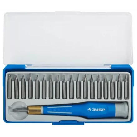 Набор ЗУБР Отвертка &quot;ЭКСПЕРТ&quot; для точных работ, CR-V, двухкомпонентная рукоятка,сменные биты, 20предметов 25622-H20 купить в Уфе