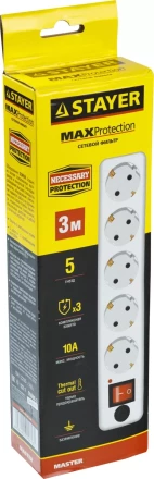 Сетевой фильтр STAYER &quot;MASTER&quot; электрический, 5 гнезд, макс. мощн. 2200 Вт, 3м 55066-3 купить в Уфе