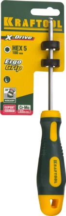Отвертка KRAFTOOL, Cr-Mo-V сталь, двухкомпонентная противоскользящая рукоятка, HEX, №5x100мм 250075-5-100 купить в Уфе