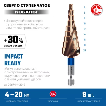 ЗУБР КОБАЛЬТ 4-20мм, 9 ступеней, винтовая проточка, сверло ступенчатое, серия Профессионал(29674-4-20-9) купить в Уфе