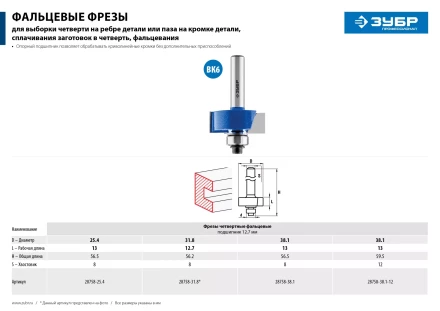 ЗУБР 38.1 x 13 мм, хвостовик 12 мм, фреза фальцевая, Профессионал (28758-38.1) купить в Уфе