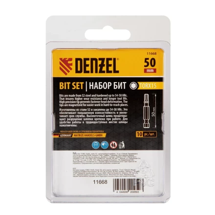 Бита TX 15х50, сталь S2, шестигранный профиль, 10 шт. Е 6,3 Denzel 11668 купить в Уфе