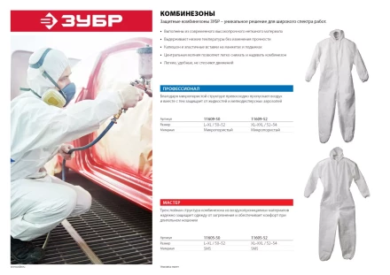 Комбинезон ЗУБР &quot;МАСТЕР&quot; защитный из материала SMS, 52-54 размер 11605-52 купить в Уфе