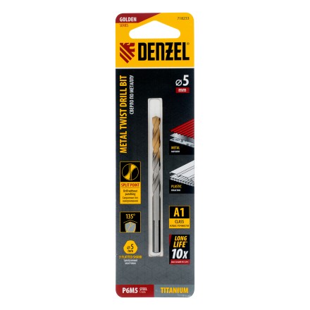 Сверло спиральное по металлу Denzel 5 x 86 мм, Р6М5, Golden Tip, 718233 купить в Уфе