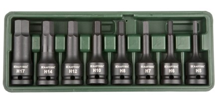 Торцовые головки KRAFTOOL &quot;INDUSTRIE QUALITAT&quot; ударные в наборе, (1/2&quot;), Cr-Mo, фосфат., HEX, H5-H17, 8 шт. 27950-H8 купить в Уфе