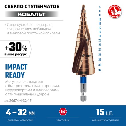 ЗУБР КОБАЛЬТ 4-32мм, 15 ступеней, винтовая проточка, сверло ступенчатое, ПРОФЕССИОНАЛ (29674-4-32-15) купить в Уфе