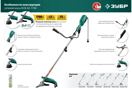 ЗУБР 1700 Вт, ш/с 42 см, сетевой триммер (КСВ-42-1700) купить в Уфе