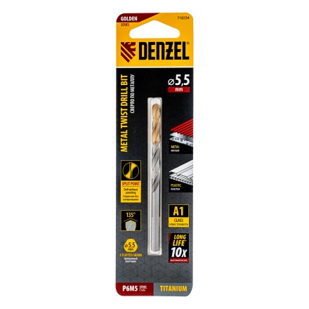 Сверло спиральное по металлу Denzel 5,5 x 93 мм, Р6М5, Golden Tip 718234 купить в Уфе