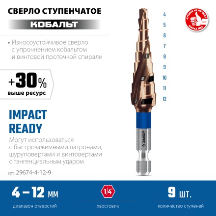 ЗУБР КОБАЛЬТ 4-12мм, 9 ступеней, винтовая проточка, сверло ступенчатое, серия Профессионал(29674-4-12-9) купить в Уфе