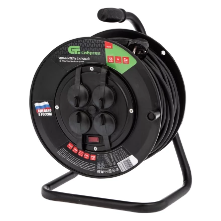Удлинитель силовой на кабельной катушке, ПВС, 50 м, 4 розетки с крышкой, IP44, 16А, УХз16, Россия Сибртех 96048 купить в Уфе