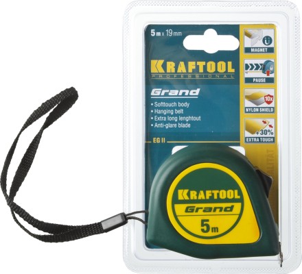 Рулетка KRAFTOOL GRAND, обрезиненный пластиковый корпус, 5м/19мм 34022-05-19 купить в Уфе