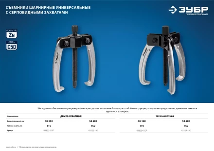 ЗУБР d 50 - 200 мм, шарнирный двухзахватный съемник с серповидными захватами, Профессионал (43322-160) купить в Уфе