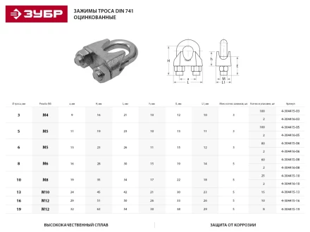 Зажим троса ЗУБР "ПРОФЕССИОНАЛ" DIN 741, оцинкованный, 5мм, 100 шт 4-304415-05 купить в Уфе