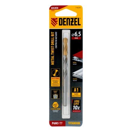 Сверло спиральное по металлу Denzel  6,5 x 100 мм, Р6М5, Golden Tip 718236 купить в Уфе