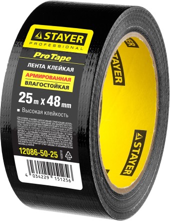 Армированная лента, STAYER Professional 12086-50-25, универсальная, влагостойкая, 48мм х 25м, черная 12086-50-25 купить в Уфе