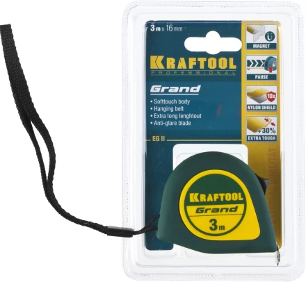 Рулетка KRAFTOOL GRAND, обрезиненный пластиковый корпус, 3м/16мм 34022-03-16 купить в Уфе