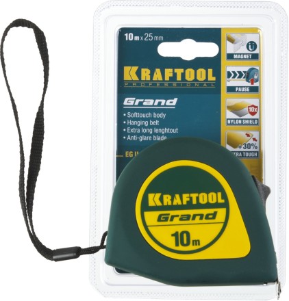 Рулетка KRAFTOOL GRAND, обрезиненный пластиковый корпус, 10м/25мм 34022-10-25 купить в Уфе