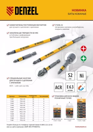 Бита PH2х50, сталь S2, цилиндр., 10 шт. Е 6,3 Denzel 11641 купить в Уфе