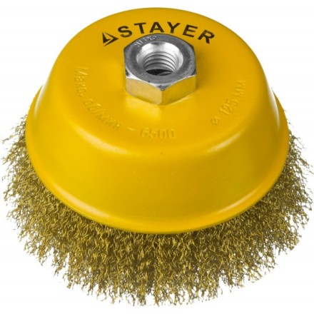 STAYER &quot;PROFESSIONAL&quot;. Щетка чашечная для УШМ, витая стальная латунированная проволока 0,3мм, 125ммхМ14 35125-125 купить в Уфе