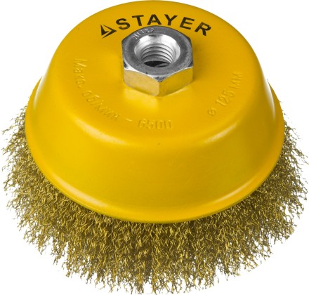 STAYER &quot;PROFESSIONAL&quot;. Щетка чашечная для УШМ, витая стальная латунированная проволока 0,3мм, 125ммхМ14 35125-125 купить в Уфе