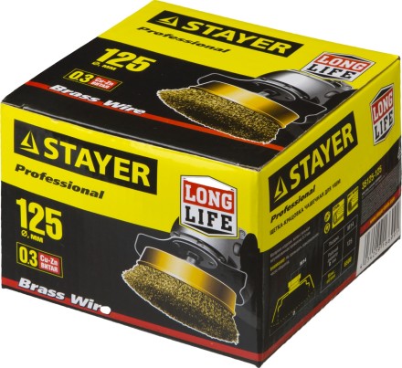 STAYER &quot;PROFESSIONAL&quot;. Щетка чашечная для УШМ, витая стальная латунированная проволока 0,3мм, 125ммхМ14 35125-125 купить в Уфе