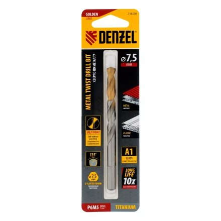 Сверло спиральное по металлу Denzel 7,5 x 109 мм, Р6М5, Golden Tip, 718238 купить в Уфе