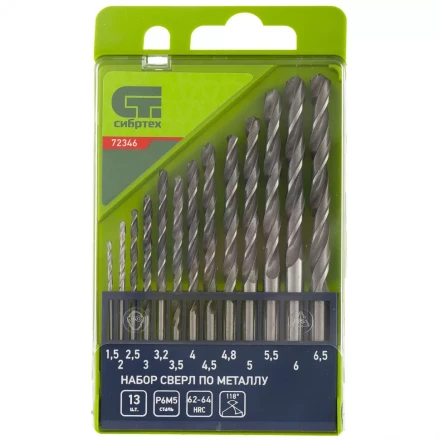 Набор сверл по металлу 1,5 - 6,5 мм 13 штук Р6М5 пластиковый кейс СИБРТЕХ артикул 72346 купить в Уфе