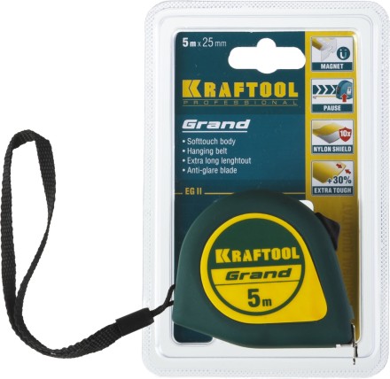 Рулетка KRAFTOOL GRAND, обрезиненный пластиковый корпус, 5м/25мм 34022-05-25 купить в Уфе