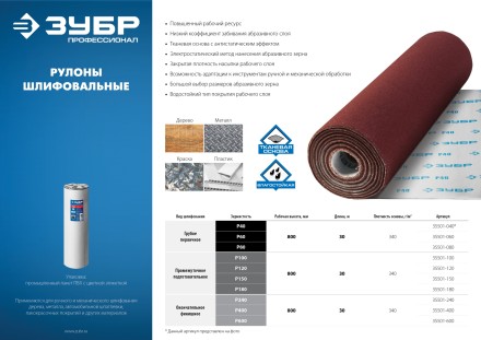 ЗУБР Р60, 800 мм, 30 м, водостойкий, шлифовальный рулон на тканевой основе, Профессионал (35501-060) купить в Уфе
