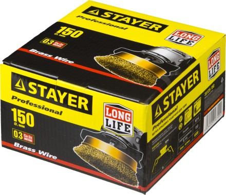 STAYER &quot;PROFESSIONAL&quot;. Щетка чашечная для УШМ, витая стальная латунированная проволока 0,3мм, 150ммхМ14 35125-150 купить в Уфе