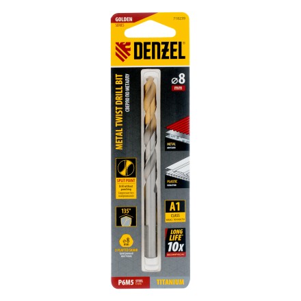 Сверло спиральное по металлу Denzel 8 x 117 мм, Р6М5, Golden Tip, 718239 купить в Уфе