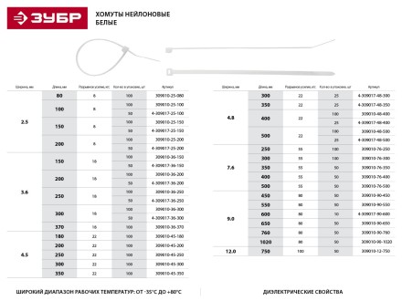 Хомуты ЗУБР нейлоновые белые 2,5x80мм, 100шт 309010-25-080 купить в Уфе