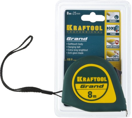 Рулетка KRAFTOOL GRAND, обрезиненный пластиковый корпус, 8м/25мм 34022-08-25 купить в Уфе