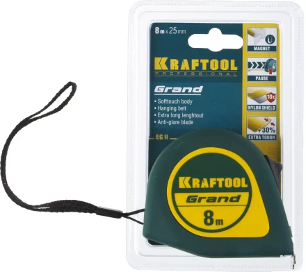Рулетка KRAFTOOL GRAND, обрезиненный пластиковый корпус, 8м/25мм 34022-08-25 купить в Уфе
