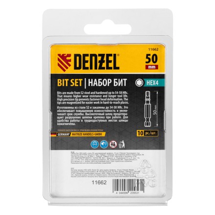 Бита HEX 4х50, сталь S2, шестигранный профиль, 10 шт. Е 6,3 Denzel 11662 купить в Уфе