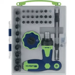 Отвертка Т-образная и трещотка реверсивные с набором бит торцевых головок 34  предмета  Сибртех 13383