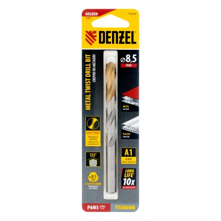 Сверло спиральное по металлу Denzel 8,5 x 117 мм, Р6М5, Golden Tip, 718240 купить в Уфе
