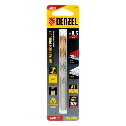 Сверло спиральное по металлу Denzel 8,5 x 117 мм, Р6М5, Golden Tip, 718240 купить в Уфе