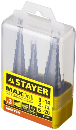 Набор STAYER &quot;MASTER&quot;: Ступенчатые сверла по сталям и цвет.мет., сталь HSS, d=3-14мм,12ступ. d 4-12 мм 5 ступ., d 6-20мм 8ступ. 29660-3-20-H3 купить в Уфе